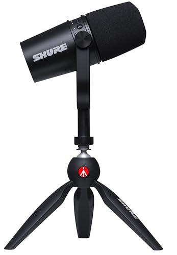 Shure MV7 USB Microphone with Tripod, for Podcasting, Recording, Streaming & Gaming, Built-in Headphone Output, All Metal USB/XLR Dynamic Mic, Voice-Isolating Technology, TeamSpeak Certified - Black
