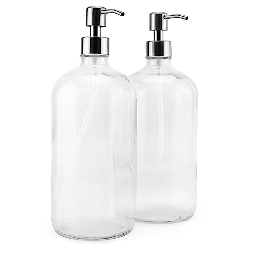 Cornucopia 32oz Glass Pump Bottles with Stainless Steel Pump (2-Pack, Clear); Economy Size Soap Dispenser for Massage Oils, Lotions, Liquid Soaps