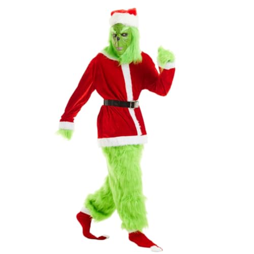 HIPGCC Green Monster Costume Furry Suit Men's Green Santa Claus Costume Adult Santa Claus Suit Party Costume With Mask(L,XL)