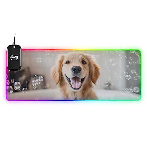 VEKELEE Joyful Golden Retriever Dog in Bathtub Full of Soap Foam Gaming Mouse Pad Wireless Glowing Mouse Pad with 14 Lighting Effects, Non-Slip Rubber Base, Suitable for Gamers 31.5x11.8In