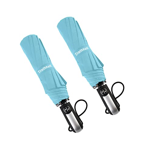 TradMall 2 Pack Travel Umbrella Windproof 46 Inches Large Canopy Reinforced Fiberglass Ribs Auto Open & Close, Sky Blue