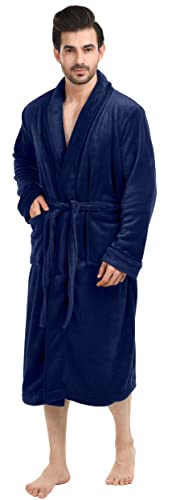 NY Threads Luxurious Mens Shawl Collar Fleece Bathrobe, Spa Robe, Large-X-Large, Navy