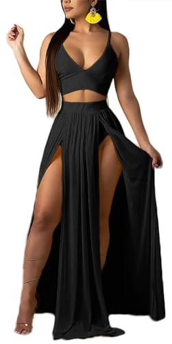 Women Sexy 2 Piece Outfits Dress Chiffon Strap Deep V Neck Bra Crop Top High Split Maxi Dresses Skirt Set Black S