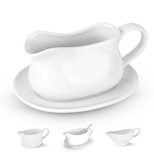 Kook Gravy Boat & Saucer, 17 oz, Ceramic Serving Dish, Dispenser with Tray for Sauces, Dressings and Creamer, Large Handle, Microwave and Dishwasher Safe, White (Classic Gravy Boat)