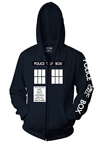 Ripple Junction Doctor Who Men’s Full Zip-Up Hooded Sweatshirt Tardis Police Public Call Box Pull to Open BBC Hoodie XS Navy