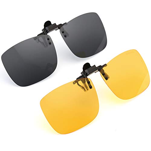 Polarized Clip-on Flip Up Metal Clip Rimless Sunglasses, Lightweight, Large Oversized, Set of 2 PCS (Black + Yellow)
