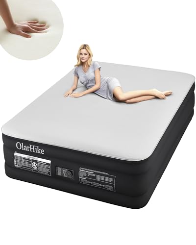 OlarHike Signature Collection Queen Air Mattress with Built in Pump,18” Luxury Air Mattress with Silk Foam Topper for Camping, Home & Guests, Durable Fast & Easy Inflation/Deflation Airbed Black