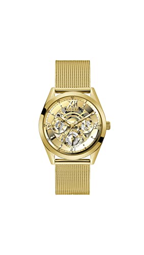 GUESS Mens Dress Multifunction 42mm Watch – Gold-Tone Stainless Steel Case with Gold Skeleton Dial & Mesh Bracelet