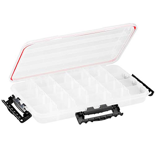 Plano Waterproof 3700 Stowaway Tackle Box, 14' X 9' X 1.875', Durable Cam-Action Latches, O-Ring Seal, Adjustable Dividers for Versatile Fishing Storage, Clear/Red