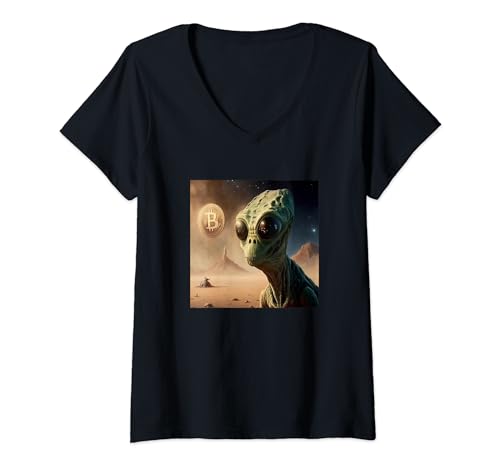 Womens Bitcoin Aliens Aliens Space Mars Civilization BTC V-Neck T-Shirt