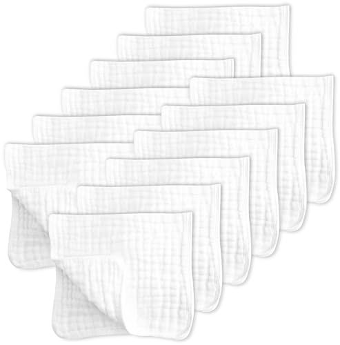 SWEET DOLPHIN 12 Pack Muslin Burp Cloths Large 100% Cotton Hand Washcloths for Baby - Baby Essentials Extra Absorbent and Soft Boys & Girls Milk Spit Up Rags for Newborn Registry - White, 20' X10'