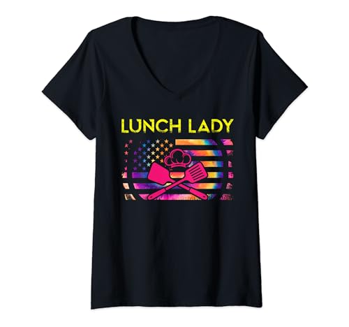 Lunch Lady Cook Food American Flag Rolling Pin Bake Cooking V-Neck T-Shirt