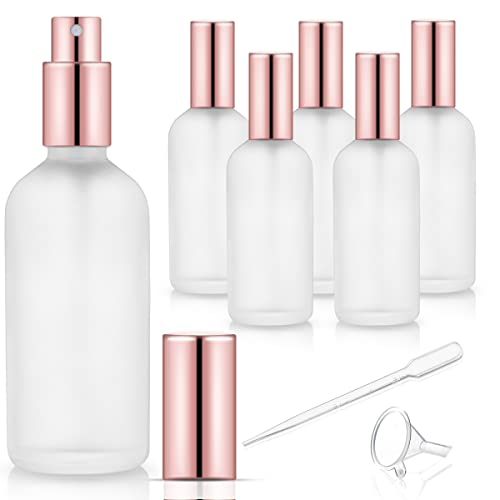 DMuuuDM 6 Pack 3.4 Oz Glass Spray Bottles,Empty Perfume Frosted Glass Fine Mist Atomizer,Refillable Small Travel Containers for Cleaning Products,Essential Oils,Body Sprays-Rose-Golden Sprayer