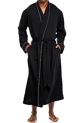 Alexander Del Rossa Men's Soft Cotton Knit Jersey Long Lounge Robe with Pockets, Bathrobe Black Large (A0860BLKLG)