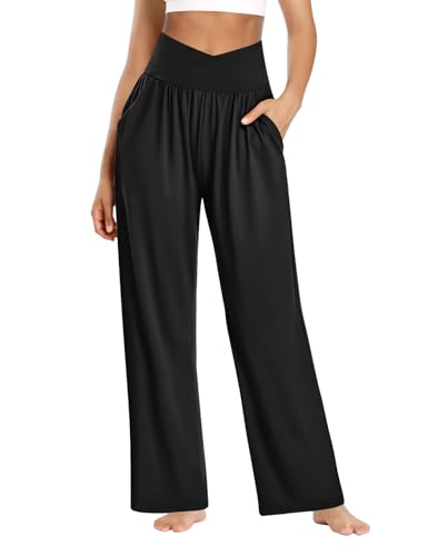 DIBAOLONG Black Wide Leg Pants for Women Casual Loose Yoga Sweatpants Comfy Crossover High Waisted Lounge Pants with Pockets M