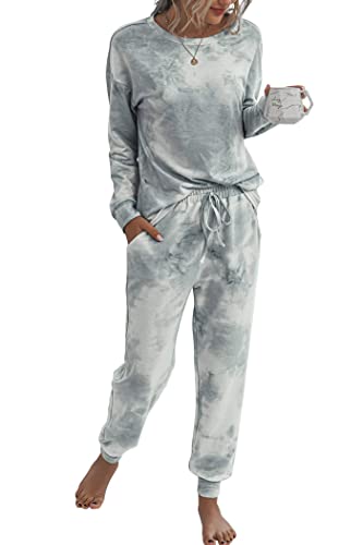 PRETTYGARDEN Women's Tie Dye Two Piece Tracksuit Set Long Sleeve Sweatshirt with Long Pants (Grey,Small)