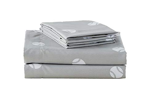 Chezmoi Collection 4-Piece Kids/Teens Sports Sheet Set - Soft Microfiber Gray White Baseball, Full Size