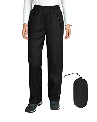 Outdoor Ventures Women's Rain Pants Packable Waterproof Hiking Pants Windproof Breathable Outdoor Rain Over Pants Black