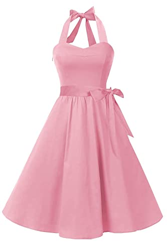 Topdress Women's Vintage Polka Audrey Dress 1950s Halter Retro Cocktail Dress Blush Pink M