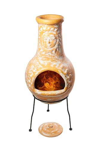 Medium Chiminea Outdoor Fireplace Terracotta – Clay Chimineas with Chimney Rain Lids and Solid Metal Stands - Sunface Terracotta Chimenea – Fire Pit Chimnea 16 x 16 x 32-inch