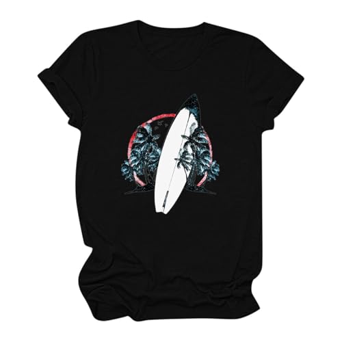 My Orders Hawaiian Shirts for Women Palm Tree Surfboard Graphic Short Sleeve Tee Tops Holiday Beach Crewneck Blouse 2024 Spring Summer Tunic Tshirt Holiday Workout T-Shirts
