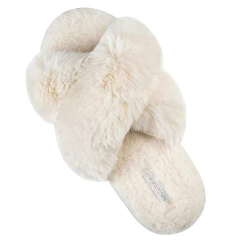 HALLUCI Women's Cross Band Soft Plush Fleece House Indoor or Outdoor Slippers (Medium, Beige)