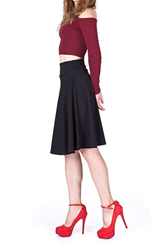 Impeccable Elastic High Waist A-line Full Flared Swing Skater Knee Length Skirt (S, Black)