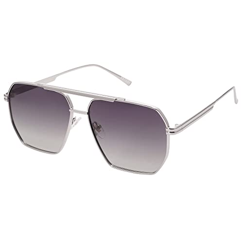 SOJOS Retro Oversized Square Polarized Sunglasses for Women Men Vintage Shades UV400 Classic Large Metal Sun Glasses SJ1161 with Shiny Silver/Grey Lens