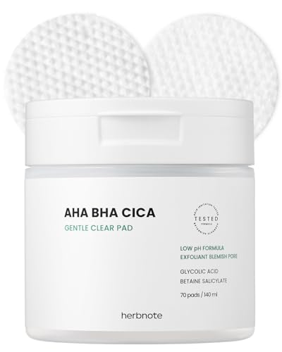 HERBNOTE AHA BHA Cica Gentle Clear Pad - Facial Exfoliating Pad for Dead Skin Cell Care, pH Balancing & Sebum Control, Tighten Large Pores, Calm Sensitive Skin, & Moisturize Dry, Flaky Skin, 70 Sheets