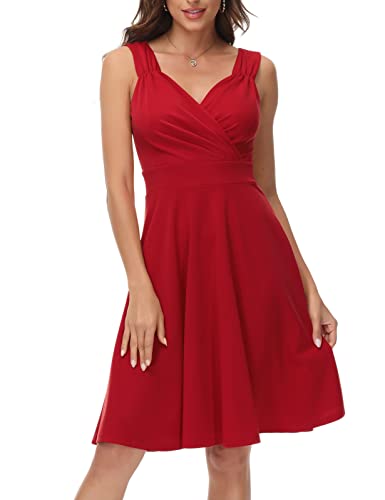 Red Cocktail Dress Sleeveless Wrap V-Neck Wedding Guest Dress Summer Dress L