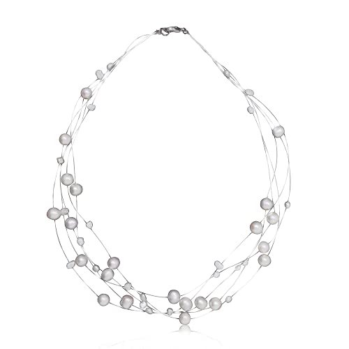 Alevel Freshwater Cultured Pearl White, Gypsophila Multi Strand Baroque 925 Sterling Silver Necklace, Women Gifts