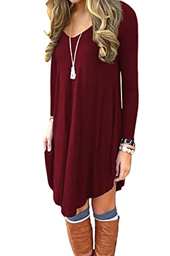 DEARCASE Women's Irregular Hem Long Sleeve Casual T Shirt Flowy Shift Dress Wine Red Large