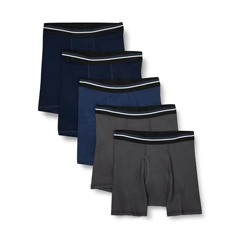 Amazon Essentials Men's Tag-Free Boxer Briefs, Pack of 5, Charcoal/Dark Blue/Dark Navy, Large