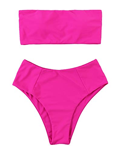 OMKAGI Women Strapless Swimsuits High Waisted Two Piece Solid Bandeau Bikini Set(X-Large,Hot Pink)