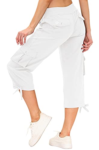MoFiz Womes Cargo Hiking Capri Pants Lightweight Quick Dry Running Athletic Casual Outdoor Button Pockets Rice White M