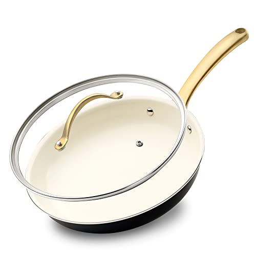 NutriChef 8” Fry Pan With Lid - Small Skillet Nonstick Frying Pan with Golden Titanium Coated Silicone Handle, Ceramic Coating, Stain-Resistant And Easy To Clean, Professional Home Cookware