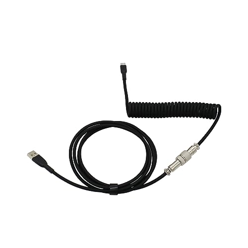 Coiled USB-C Cable for Gaming Keyboard, Detachable Metal Aviator Connector Plug, Black
