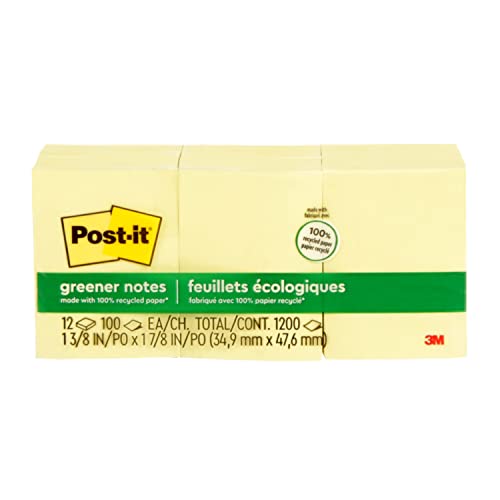 Post-it Greener Notes, 1.5x2 in, 12 Pads, America's #1 Favorite Sticky Notes,Canary Yellow, Clean Removal, 100% Recycled Material (653 RP)