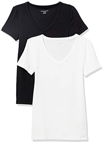 Amazon Essentials Women's Slim-Fit Short-Sleeve V-Neck T-Shirt, Pack of 2, Black/White, Medium