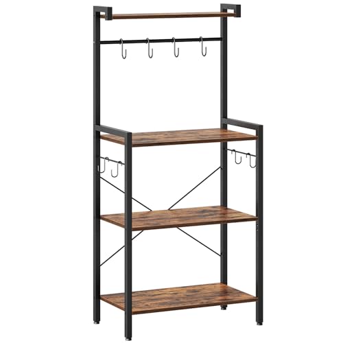 HOOBRO Bakers Rack for Kitchen with Storage, 4 Tier Microwave Stand, Multifunctional Baker's Rack with 8 Hooks, Wooden Kitchen Storage Shelf, Stable Metal Frame, Easy Assembly, Rustic Brown BF04HB01