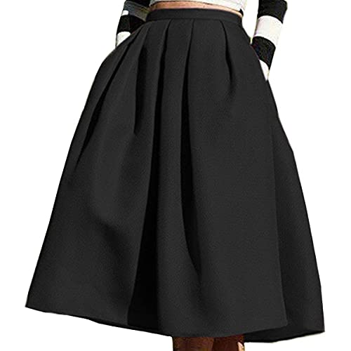 Face N Face Women's High Waisted A line Street Skirt Skater Pleated Full Midi Skirt Medium Black