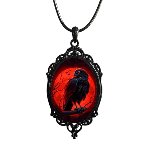Gothic Raven Cross Cameo Pendant Necklace Black Rope Chain Dusk Crow Waterdrop Glass Choker Horror Mystic Vampires Witch Necklace Jewelry Accessories (Flame Raven)