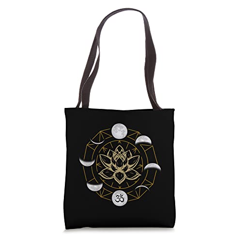 Buddhistic Black Lotus Moon Phases Buddishm Om Yoga Flower Tote Bag