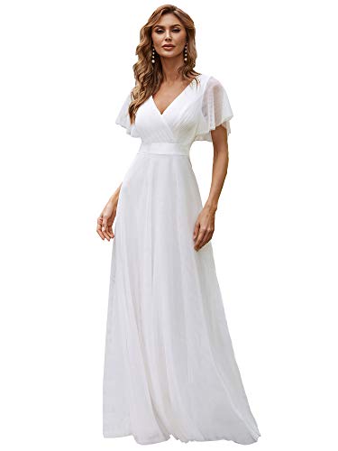 Ever-Pretty Women's A-Line Double V-Neck Empire Waist Floor-Length Evening Gowns Prom Dress White US8