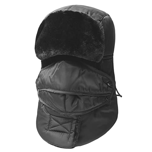 KOOLSOLY Winter Warm Unisex Winter Trooper Hunting Hat Trapper Hats with Ushanka Russian Ear Flap Chin Strap Windproof Mask, Black, One Size