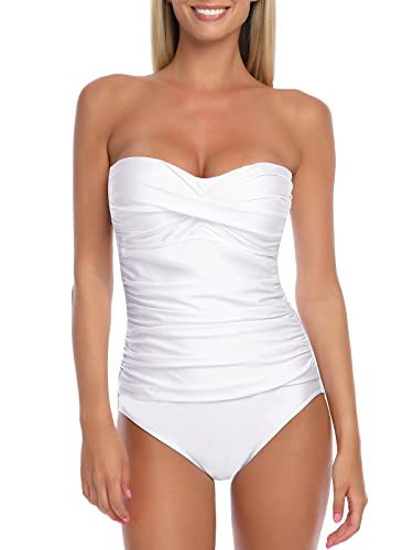 RELLECIGA Women's White Ruched Neck Halter Twist Bandeau One Piece Swimwear Bathing Suits Size X-Large