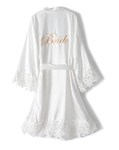 Crystal Dew Women's Lace Trim Bride Kimono Robes with Embroidery Bridal Silky Satin Bathrobe Wedding Party Sleepwear