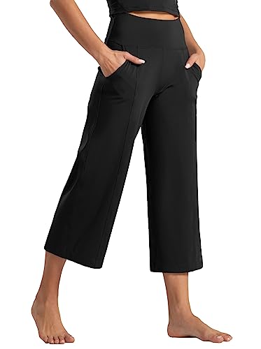 Tmustobe Womens Lounge Yoga Capris Pants Bootleg Tummy Control High Waist Workout Flare Crop Pants with Pockets (Black, Medium)