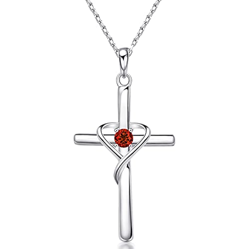 AmorAime 925 Sterling Silver Cross Necklace for Women Men 5A CZ Birthstone Necklaces Gifts for Valentine's Day, Birthday or Anniversary