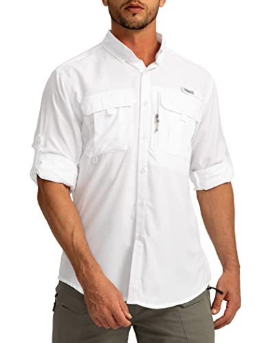 Men's Sun Protection Fishing Shirts Long Sleeve Travel Work Shirts for Men UPF50+ Button Down Shirts with Zipper Pockets(White Medium)